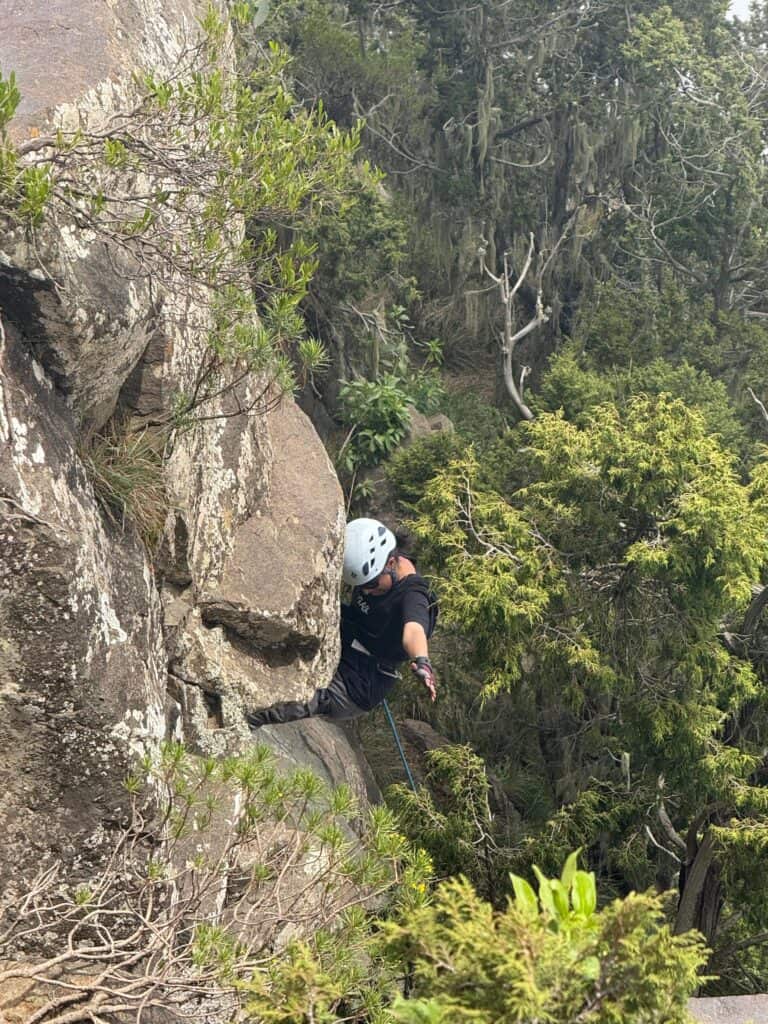 Rock climber ascending a rugged outdoor cliff with trees in the background.